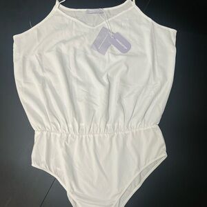 MANGOPOP Women’s White Bodysuit Spaghetti Strap Tank Top Size [Large] NWT”